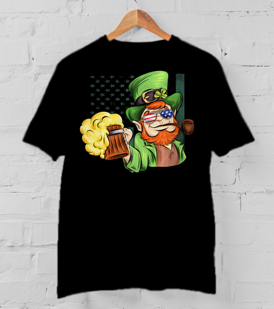 Funny Drunk Patriotic Leprechaun Beer Mug With Shamrock Hat And American Flag Sunglasses T-Shirt