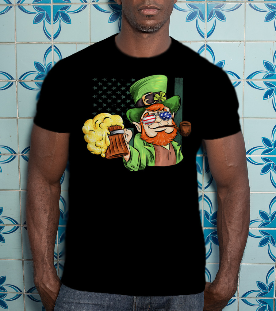 Funny Drunk Patriotic Leprechaun Beer Mug With Shamrock Hat And American Flag Sunglasses T-Shirt