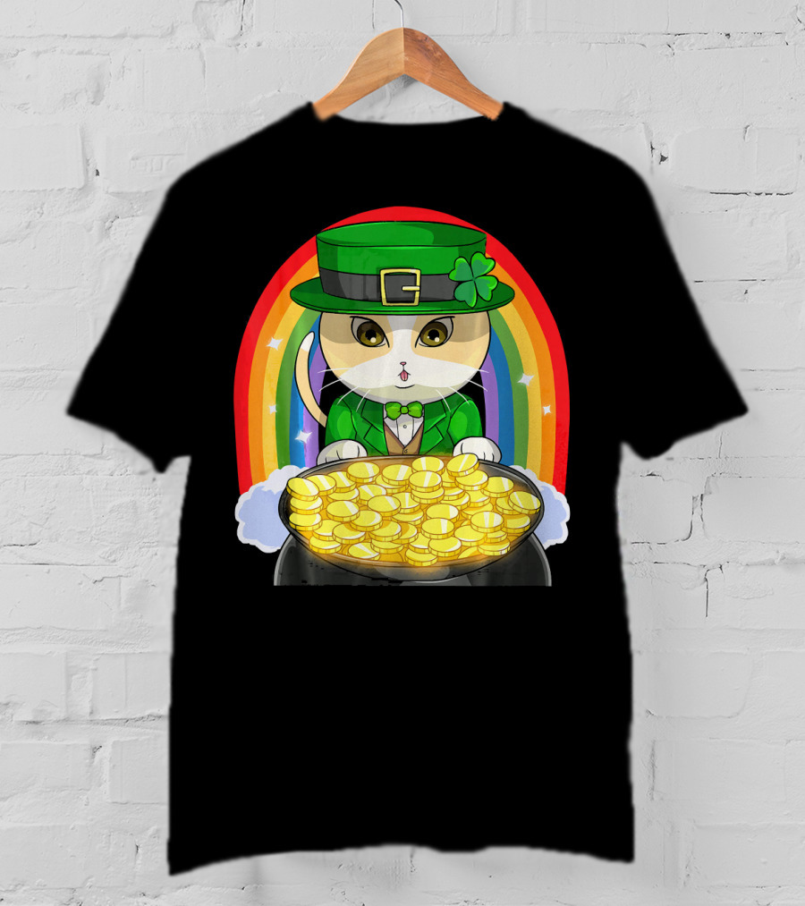 Exotic Cat Leprechaun Pot Of Gold Rainbow Happy St Patricks T-Shirt