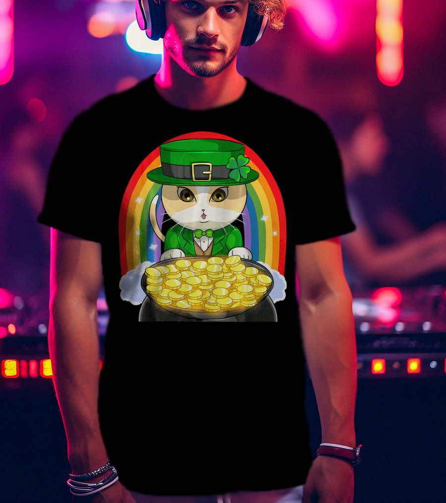 Exotic Cat Leprechaun Pot Of Gold Rainbow Happy St Patricks T-Shirt