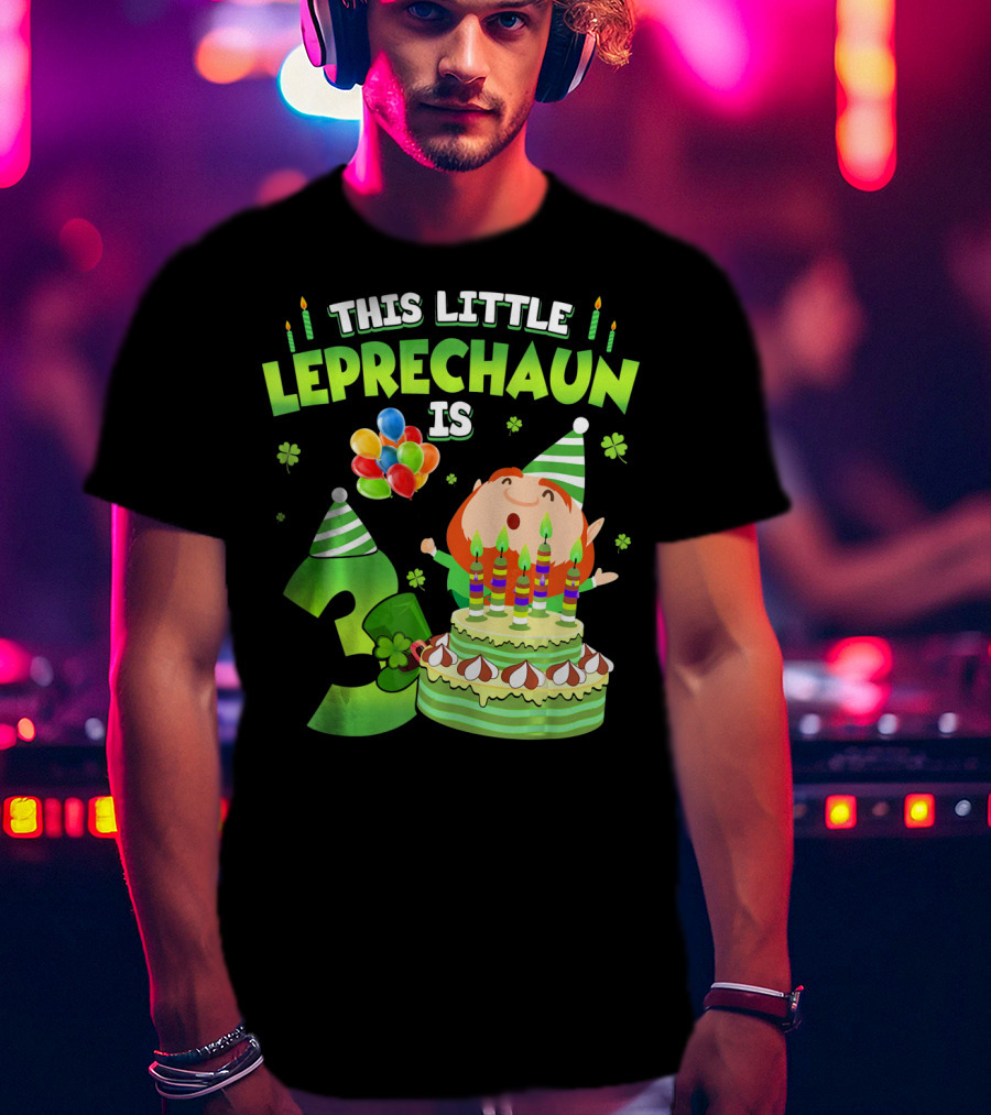 This Little Leprechaun Is 3 Birthday Celebration With Cake And Balloons T-Shirt