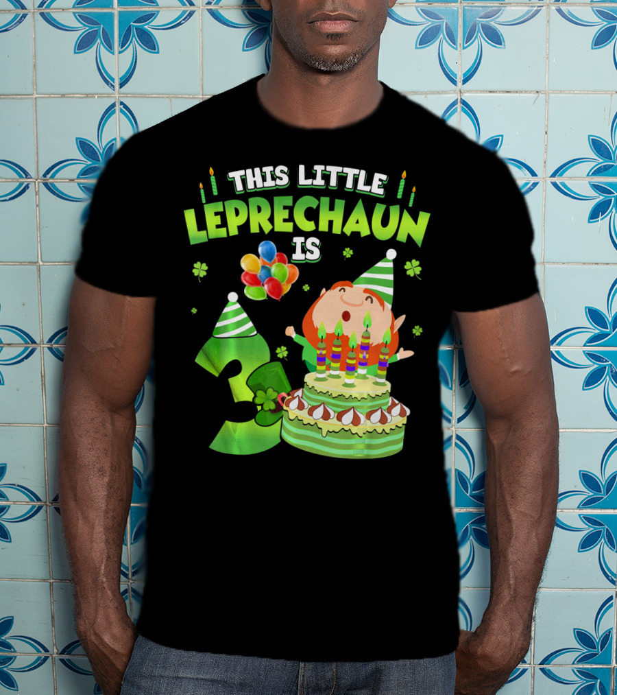 This Little Leprechaun Is 3 Birthday Celebration With Cake And Balloons T-Shirt