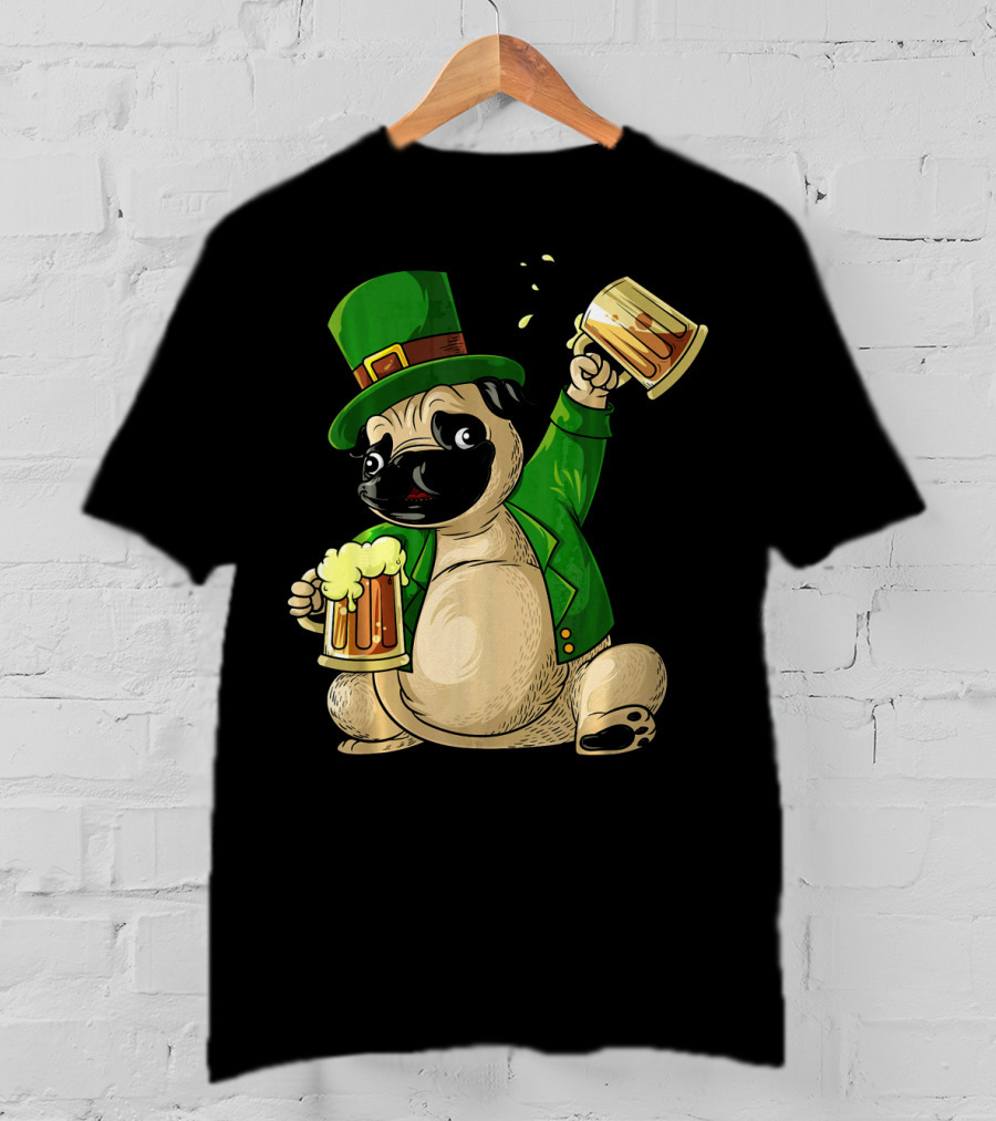 Irish Leprechaun Pug With Beer Mugs T-Shirt
