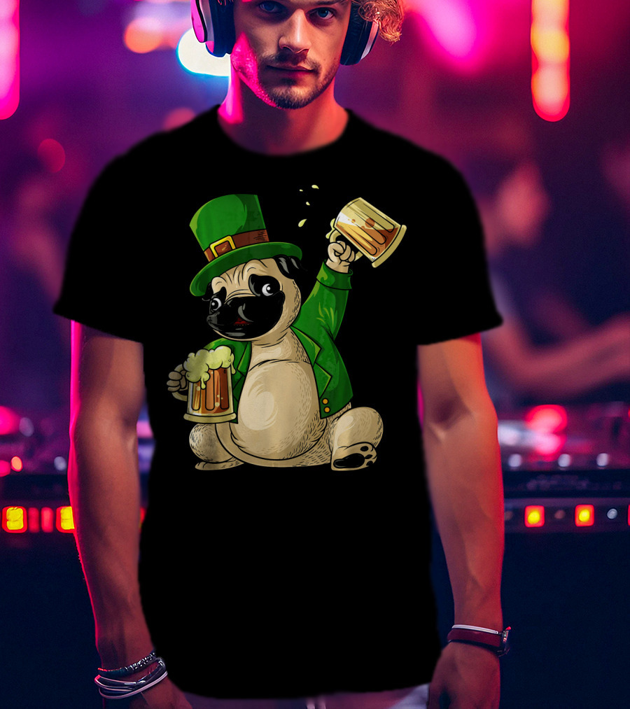 Irish Leprechaun Pug With Beer Mugs T-Shirt