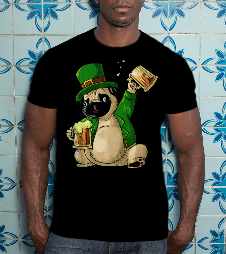 Irish Leprechaun Pug With Beer Mugs T-Shirt