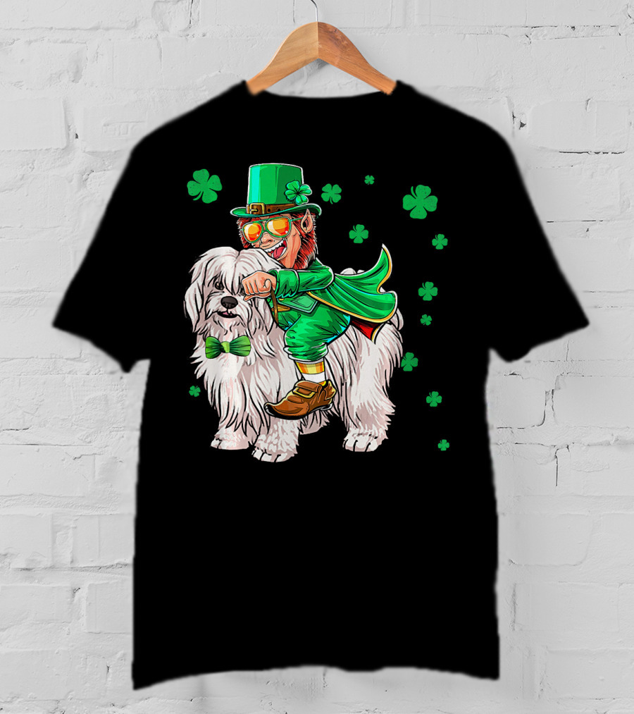 Leprechaun Riding Coton De Tulear With Shamrocks T-Shirt