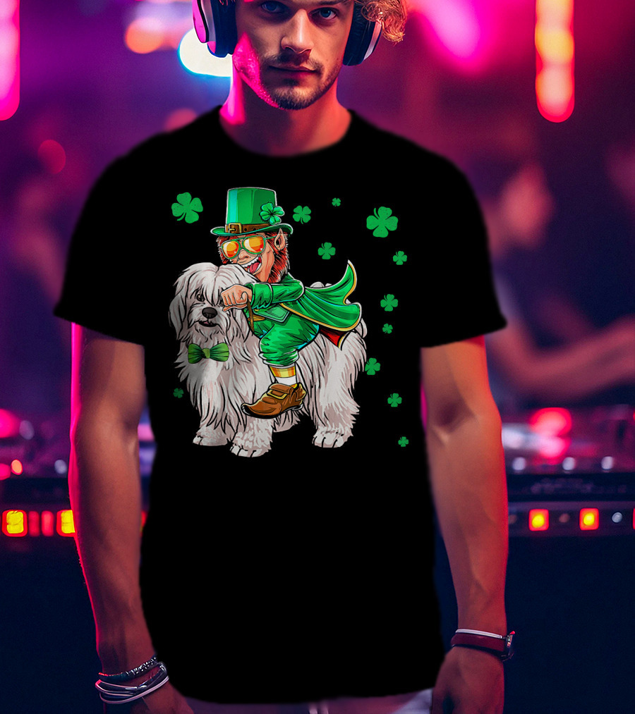 Leprechaun Riding Coton De Tulear With Shamrocks T-Shirt