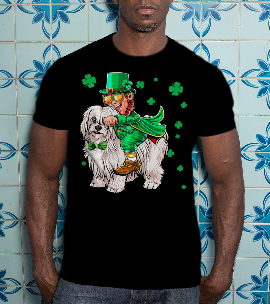 Leprechaun Riding Coton De Tulear With Shamrocks T-Shirt