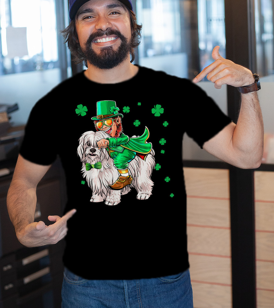 Leprechaun Riding Coton De Tulear With Shamrocks T-Shirt