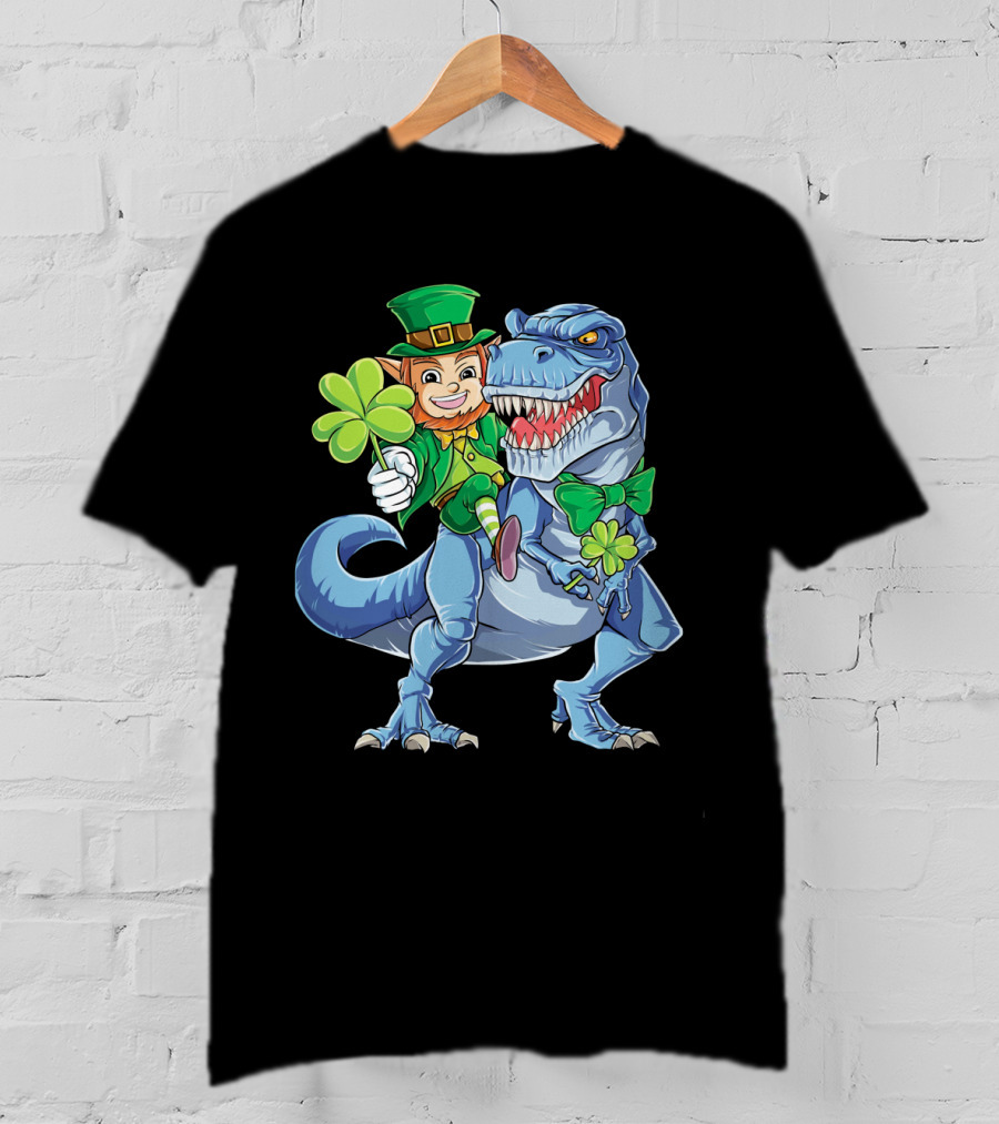 St Patricks Day Leprechaun Riding Dinosaur With Shamrock T-Shirt