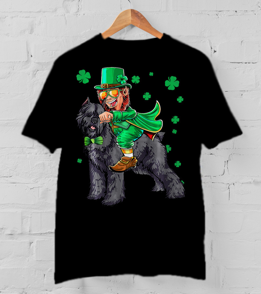 Leprechaun Riding Bouvier Des Flandres Surrounded By Shamrocks T-Shirt