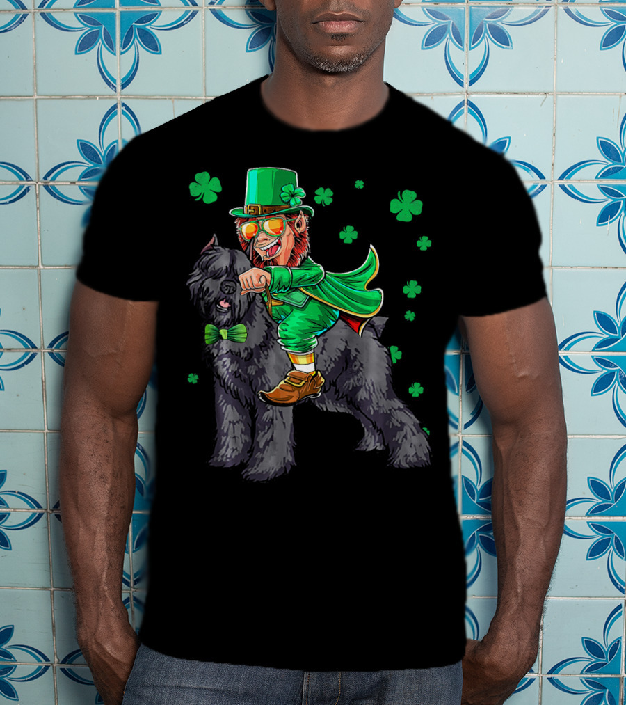 Leprechaun Riding Bouvier Des Flandres Surrounded By Shamrocks T-Shirt