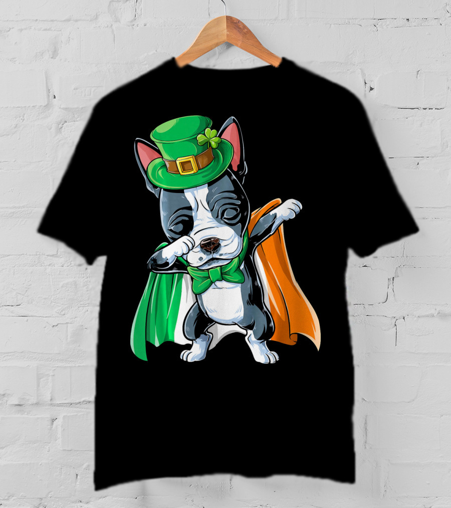 Dabbing Boston Terrier St. Patrick's Day Irish Flag Cape T-Shirt