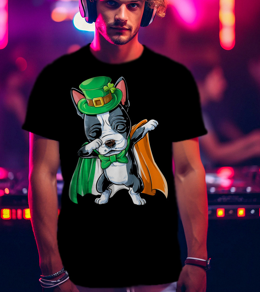 Dabbing Boston Terrier St. Patrick's Day Irish Flag Cape T-Shirt