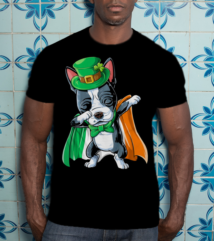 Dabbing Boston Terrier St. Patrick's Day Irish Flag Cape T-Shirt