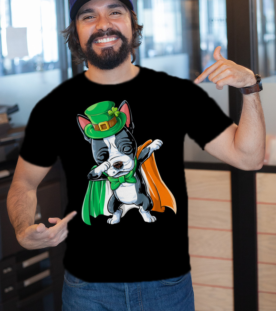 Dabbing Boston Terrier St. Patrick's Day Irish Flag Cape T-Shirt