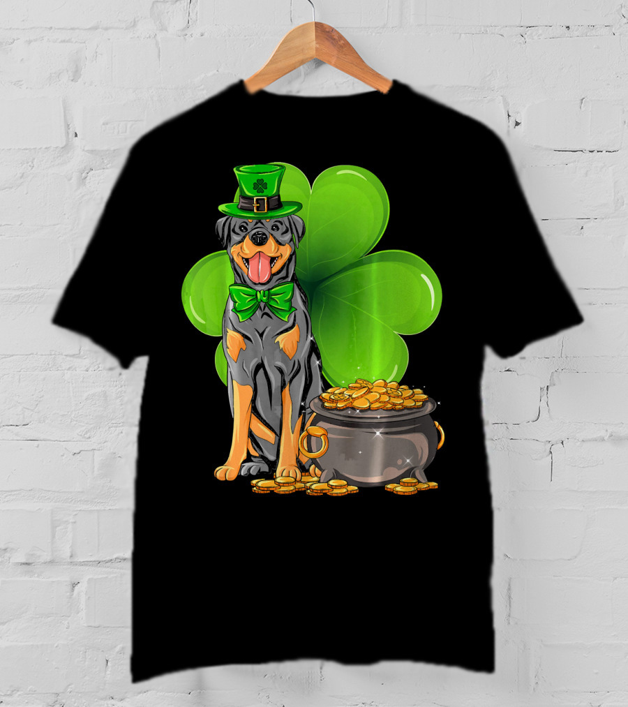 Rottweiler St Patricks Day Leprechaun With Shamrock And Gold Coins T-Shirt