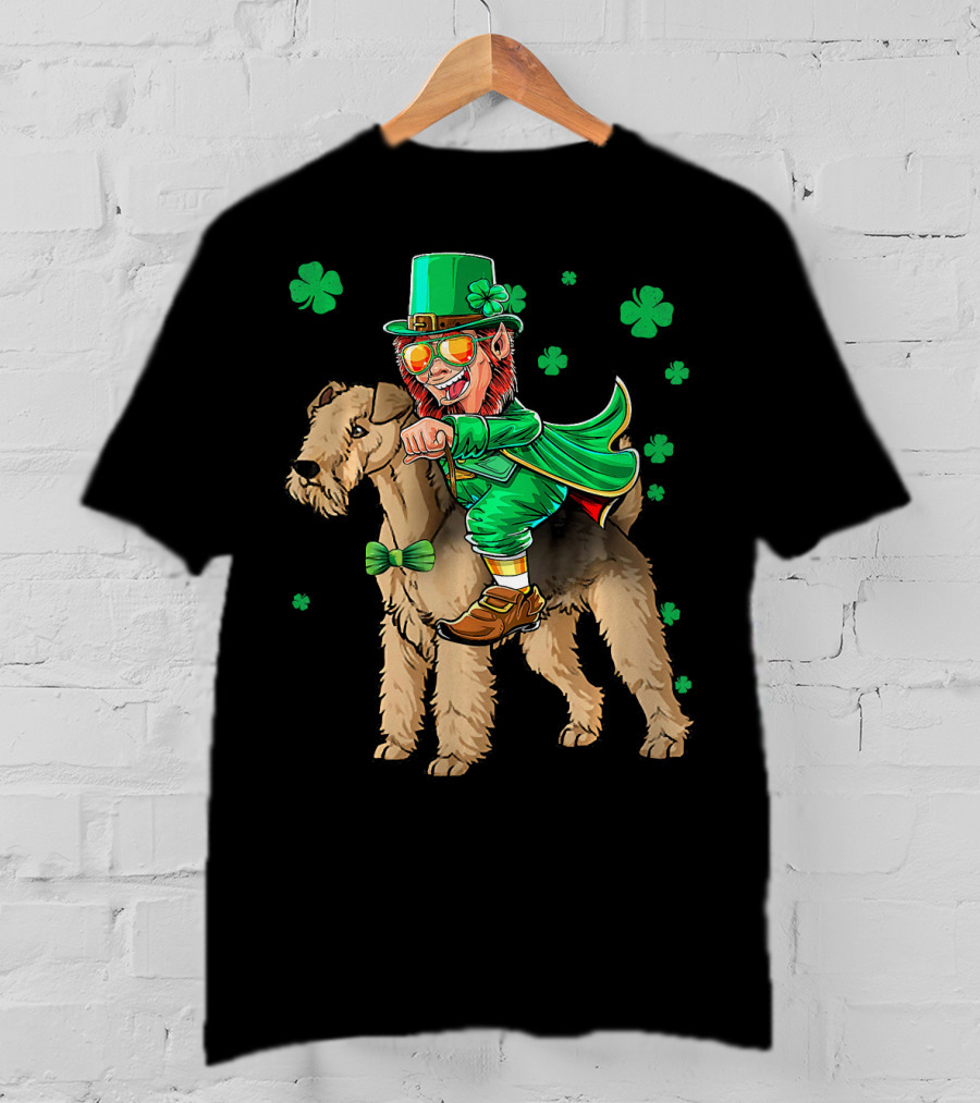 Leprechaun Lakeland Terrier Shamrock Celebration With Green Hat And Bow Tie T-Shirt