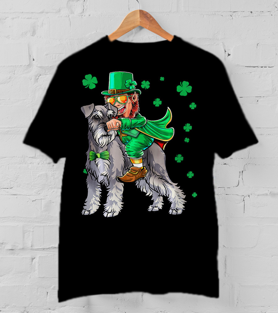 Leprechaun Riding Miniature Schnauzer With Green Shamrocks T-Shirt