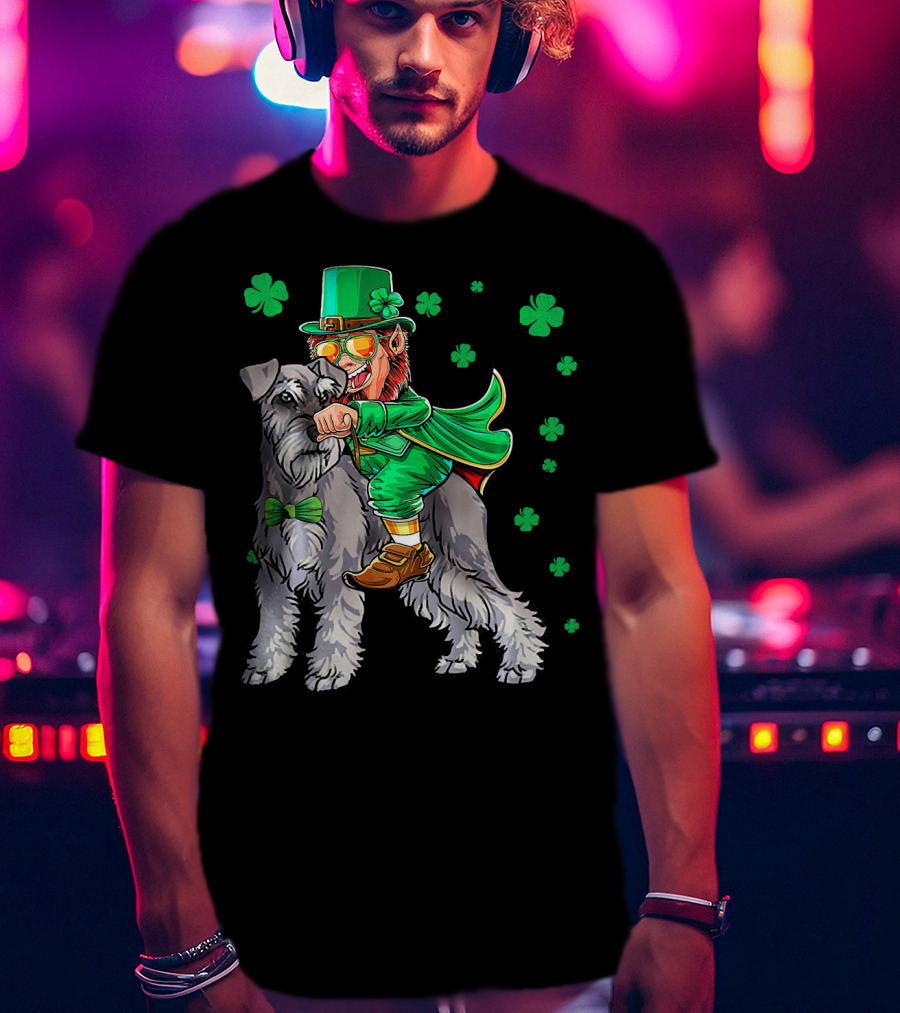 Leprechaun Riding Miniature Schnauzer With Green Shamrocks T-Shirt