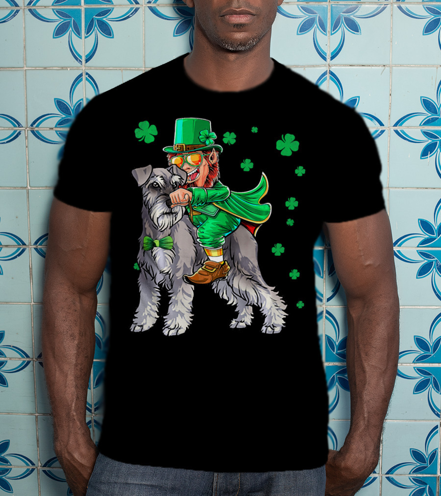 Leprechaun Riding Miniature Schnauzer With Green Shamrocks T-Shirt