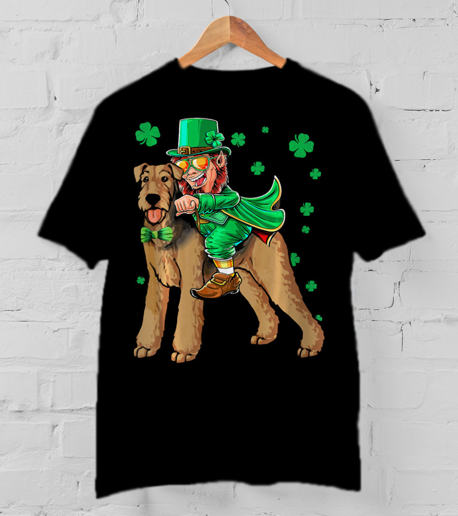 Leprechaun Riding Airedale Terrier With Shamrocks T-Shirt