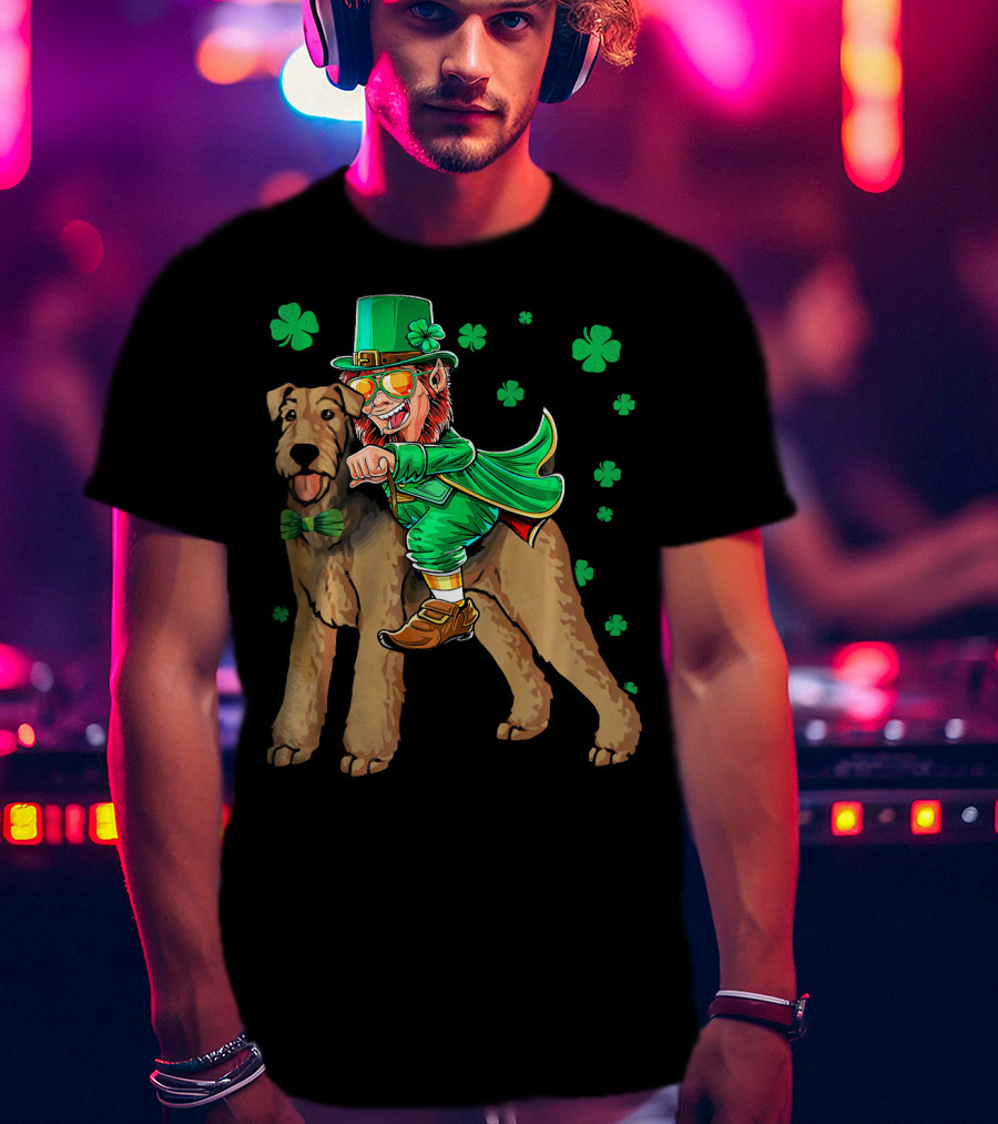 Leprechaun Riding Airedale Terrier With Shamrocks T-Shirt