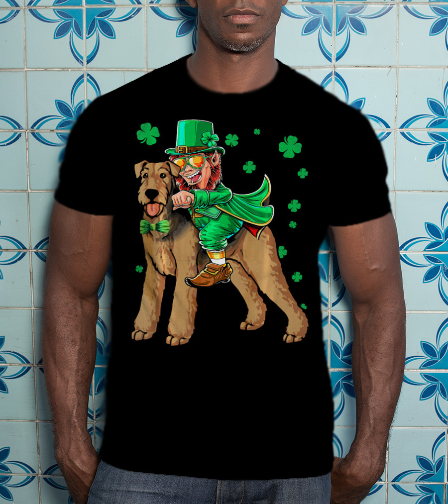 Leprechaun Riding Airedale Terrier With Shamrocks T-Shirt