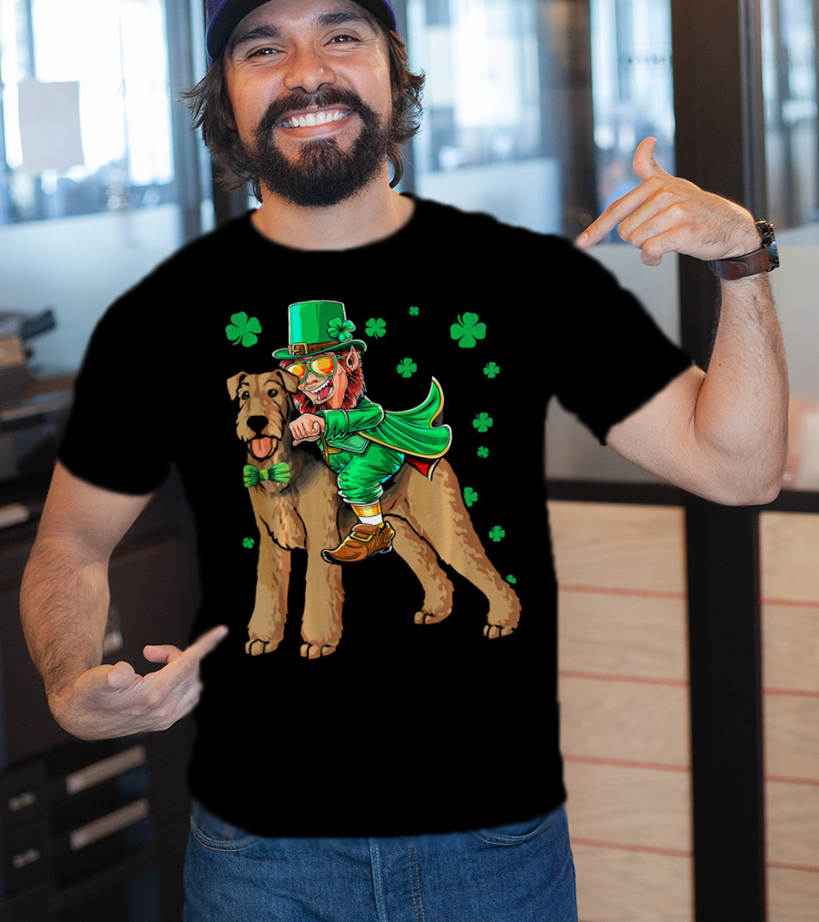 Leprechaun Riding Airedale Terrier With Shamrocks T-Shirt