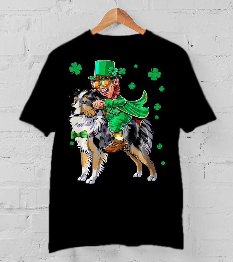 Leprechaun Riding Miniature Australian Shepherd With Shamrocks T-Shirt