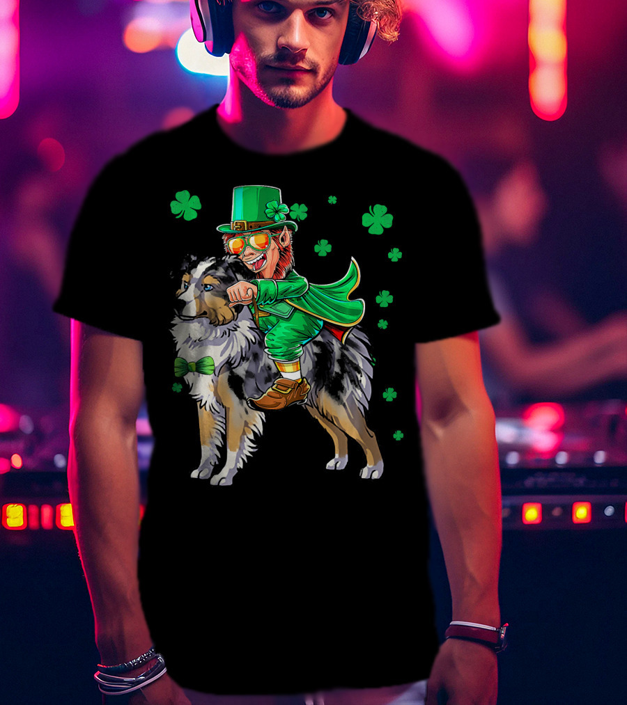 Leprechaun Riding Miniature Australian Shepherd With Shamrocks T-Shirt