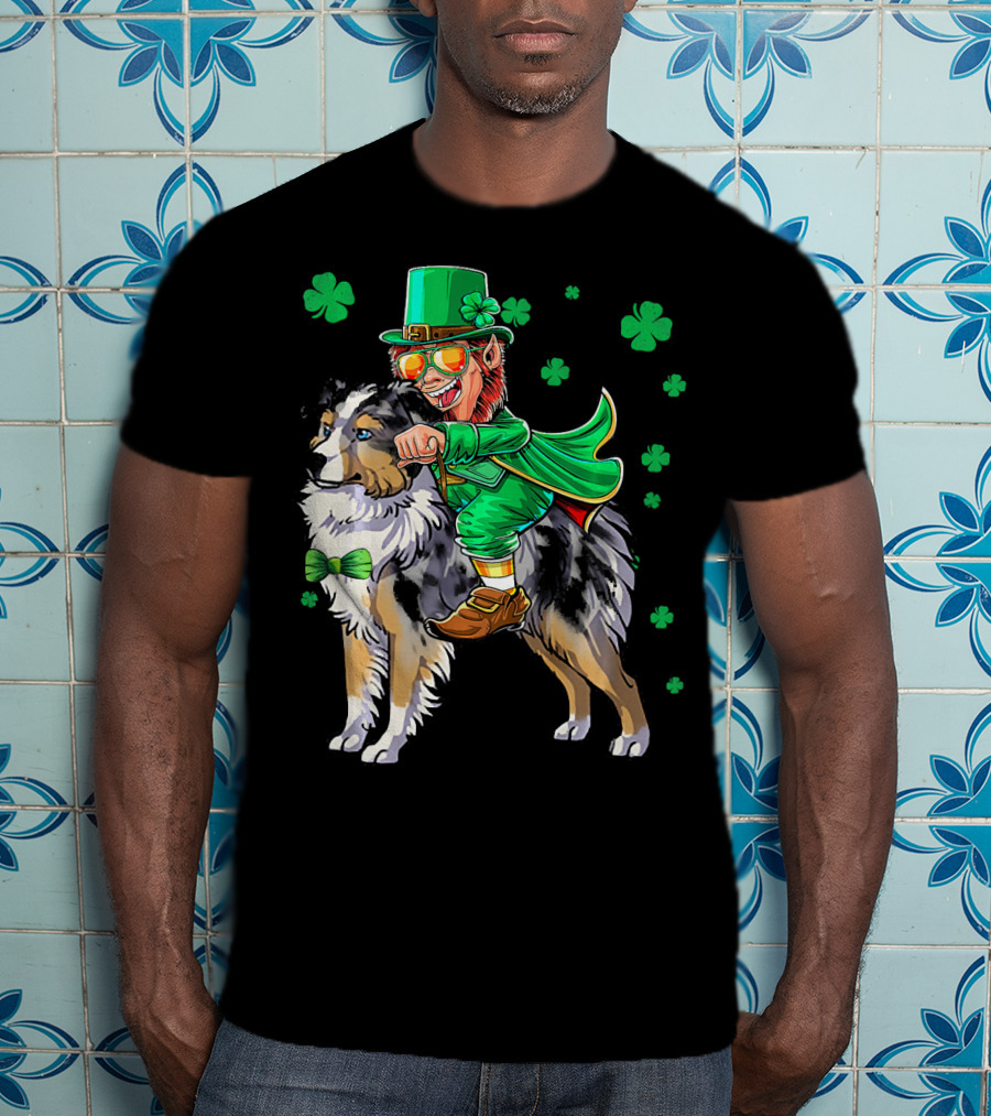 Leprechaun Riding Miniature Australian Shepherd With Shamrocks T-Shirt