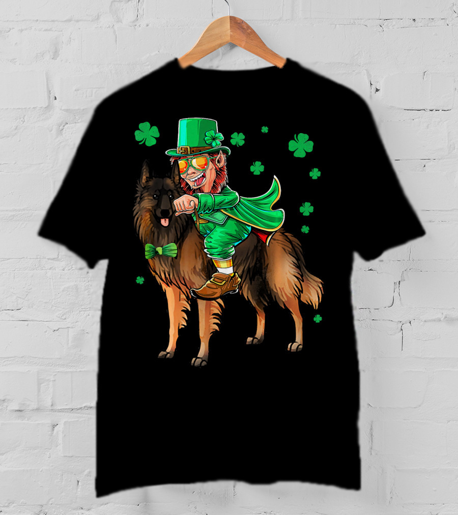 Leprechaun Riding Belgian Tervuren With Shamrock Accents T-Shirt