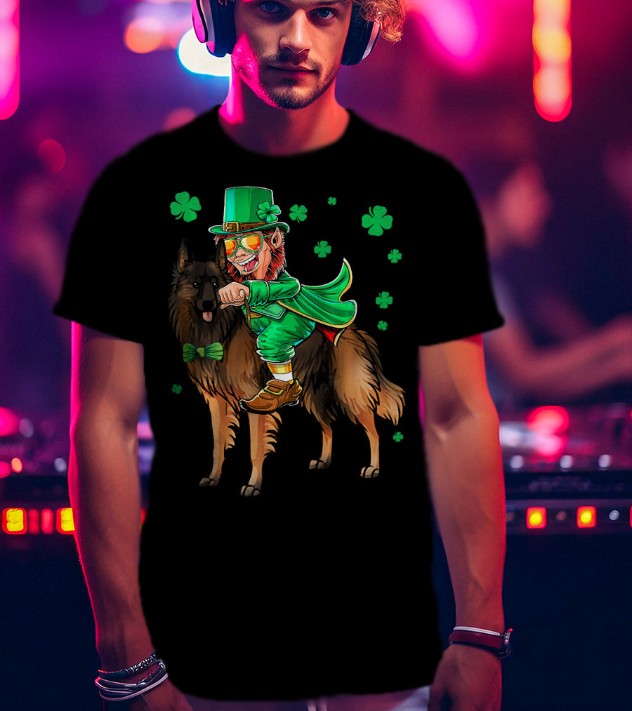 Leprechaun Riding Belgian Tervuren With Shamrock Accents T-Shirt