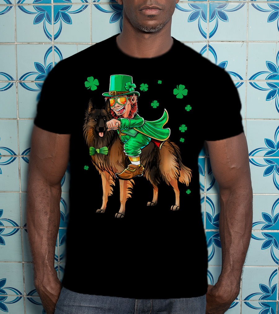 Leprechaun Riding Belgian Tervuren With Shamrock Accents T-Shirt