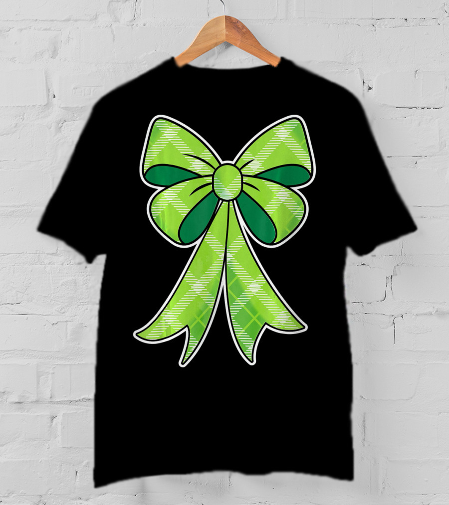 Girls St Patricks Day Green Plaid Bow T-Shirt