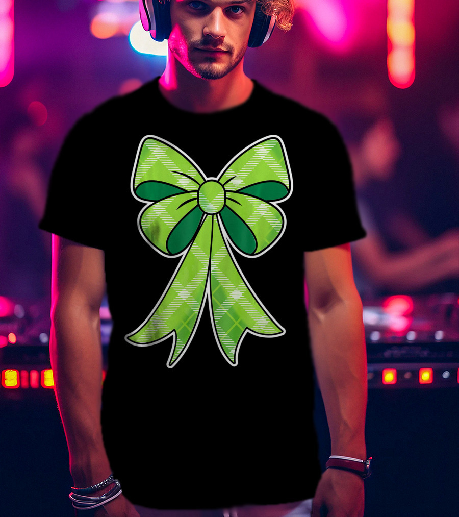 Girls St Patricks Day Green Plaid Bow T-Shirt