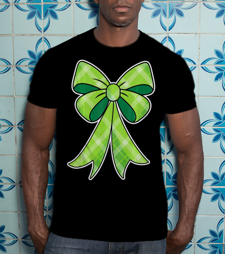 Girls St Patricks Day Green Plaid Bow T-Shirt