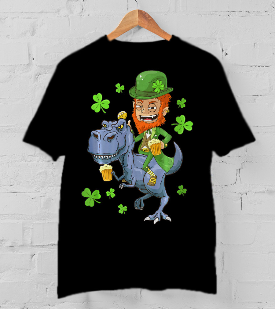 Leprechaun Irish Riding T-Rex Dinosaur With Shamrocks And Beer T-Shirt