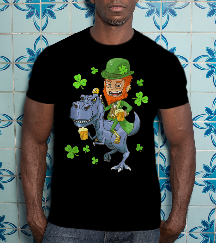 Leprechaun Irish Riding T-Rex Dinosaur With Shamrocks And Beer T-Shirt