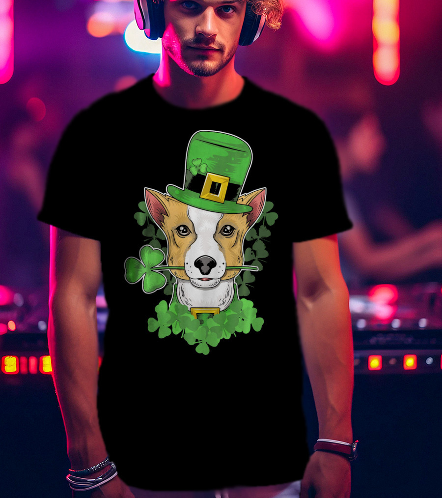 Happy Saint Patricks Day Corgi Wearing Leprechaun Hat And Shamrocks T-Shirt
