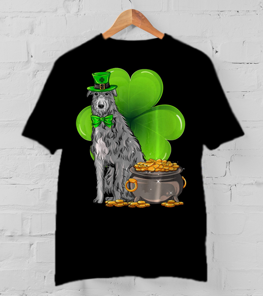 Scottish Deerhound St Patricks Day Leprechaun Hat Pot Of Gold Shamrock T-Shirt
