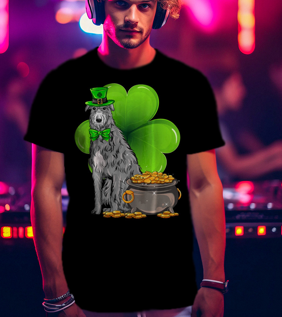 Scottish Deerhound St Patricks Day Leprechaun Hat Pot Of Gold Shamrock T-Shirt