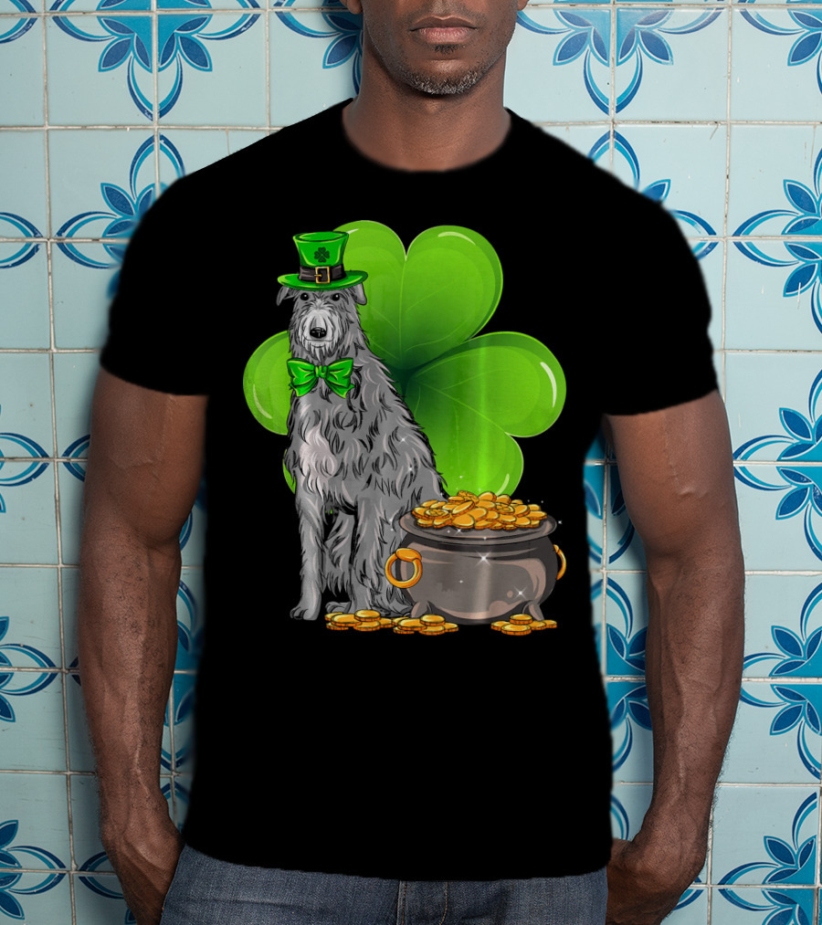 Scottish Deerhound St Patricks Day Leprechaun Hat Pot Of Gold Shamrock T-Shirt