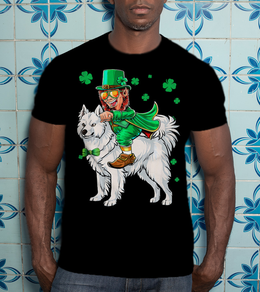 Leprechaun Riding Samoyed With Shamrocks St. Patrick's Day T-Shirt