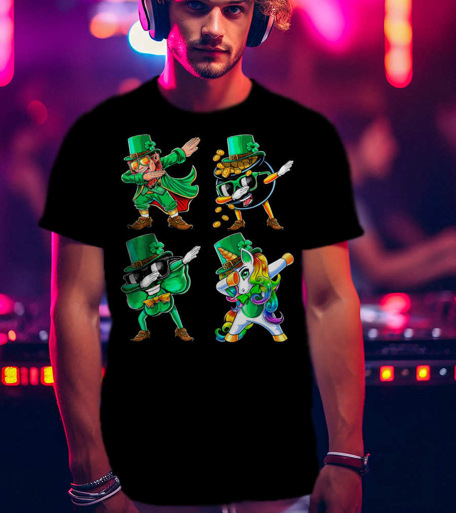 Dabbing Leprechaun Shamrock Unicorn Coin-Throwing Glasses Rabbit T-Shirt