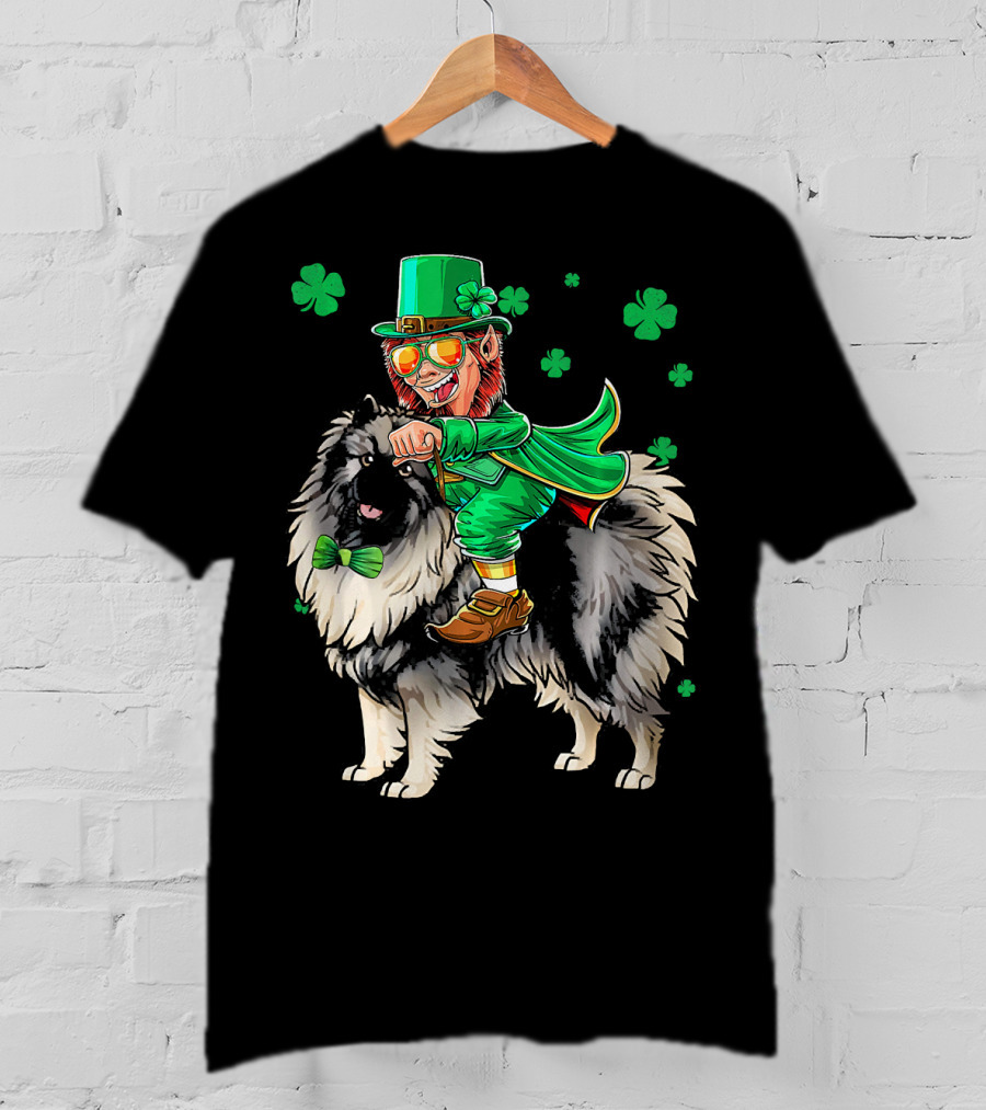 Leprechaun Riding Keeshond With Shamrocks For St. Patrick's Day T-Shirt