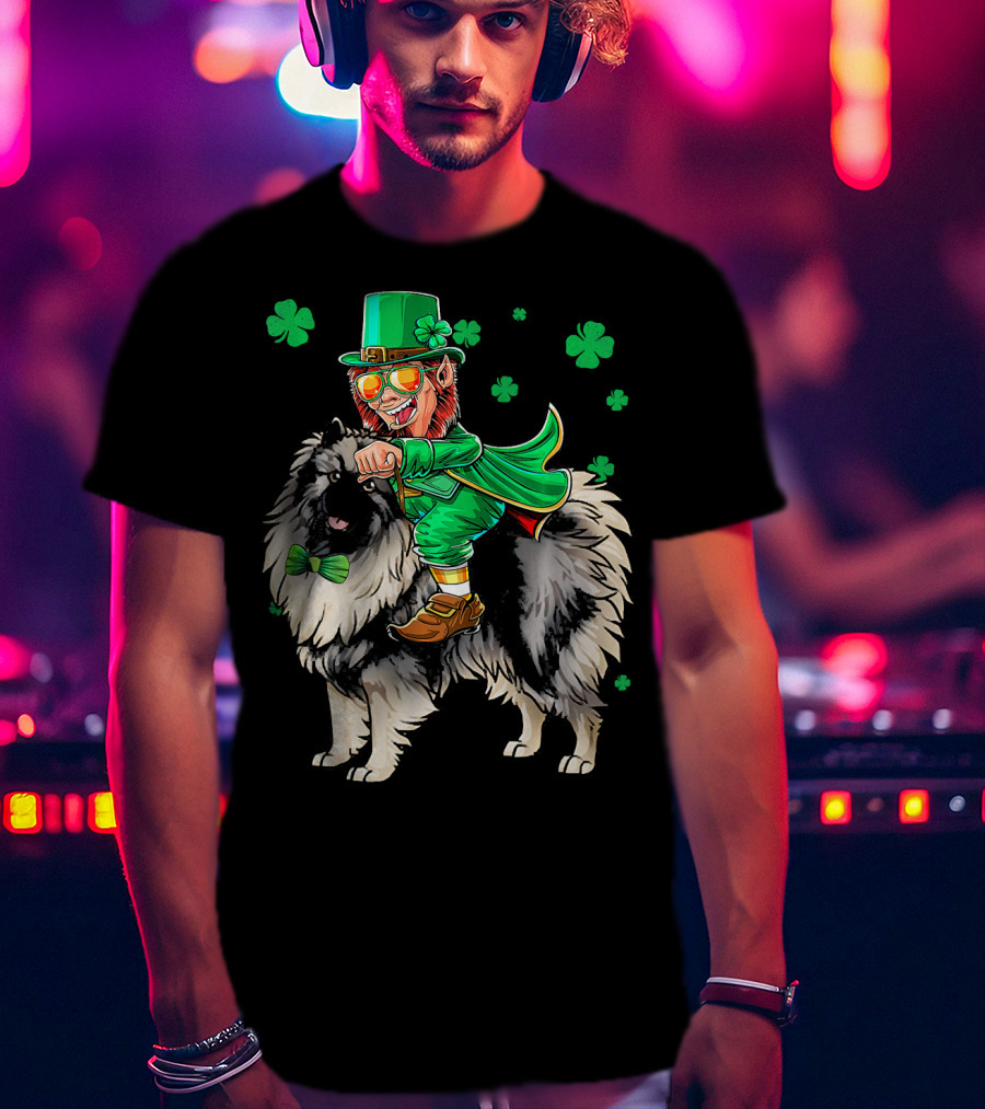 Leprechaun Riding Keeshond With Shamrocks For St. Patrick's Day T-Shirt