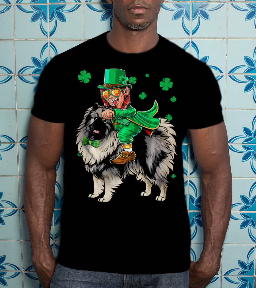 Leprechaun Riding Keeshond With Shamrocks For St. Patrick's Day T-Shirt