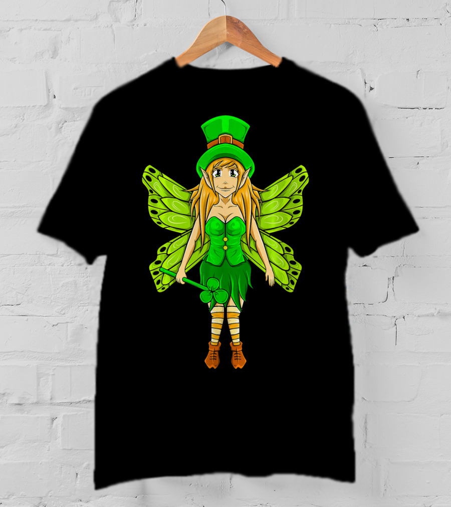 Funny St Patricks Day Leprechaun Fairy Girl With Green Wings And Clover Staff T-Shirt